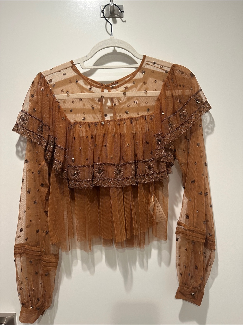 Free People Caramel Sheer Ruffle Sequin Blouse
